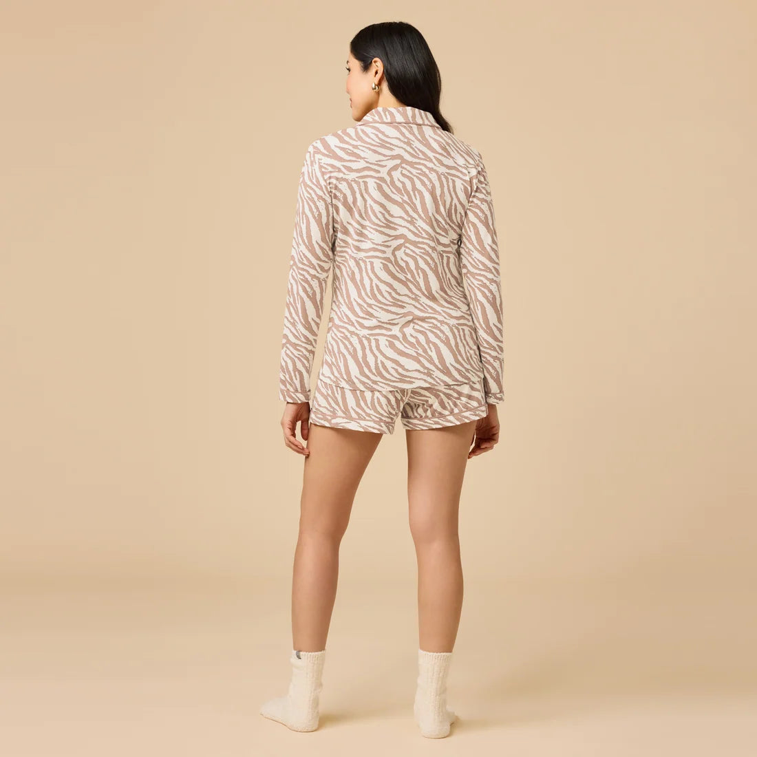 Aria - Slim Notch Collar Long Sleeve Short PJ Set Zebra Almond