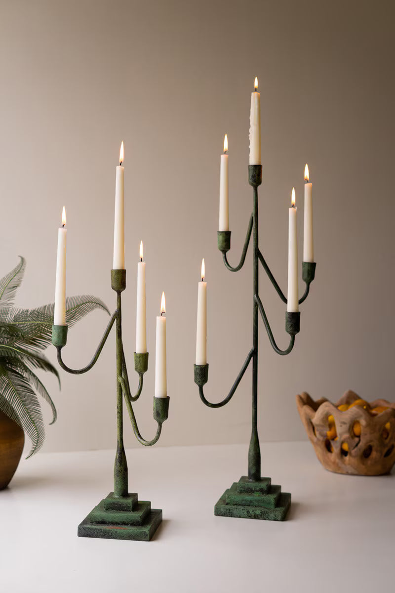 Forged-Iron Green Patina Taper Candelabras