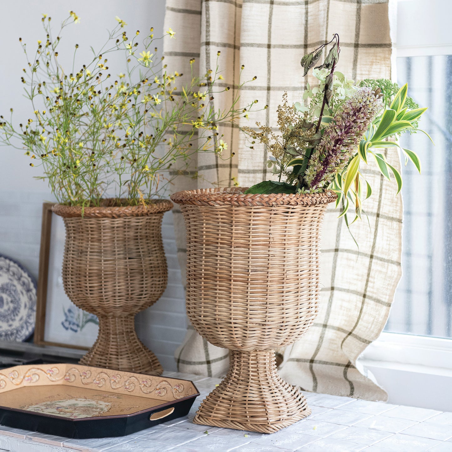 Woven Rattan Urns, Natural, Set of 2