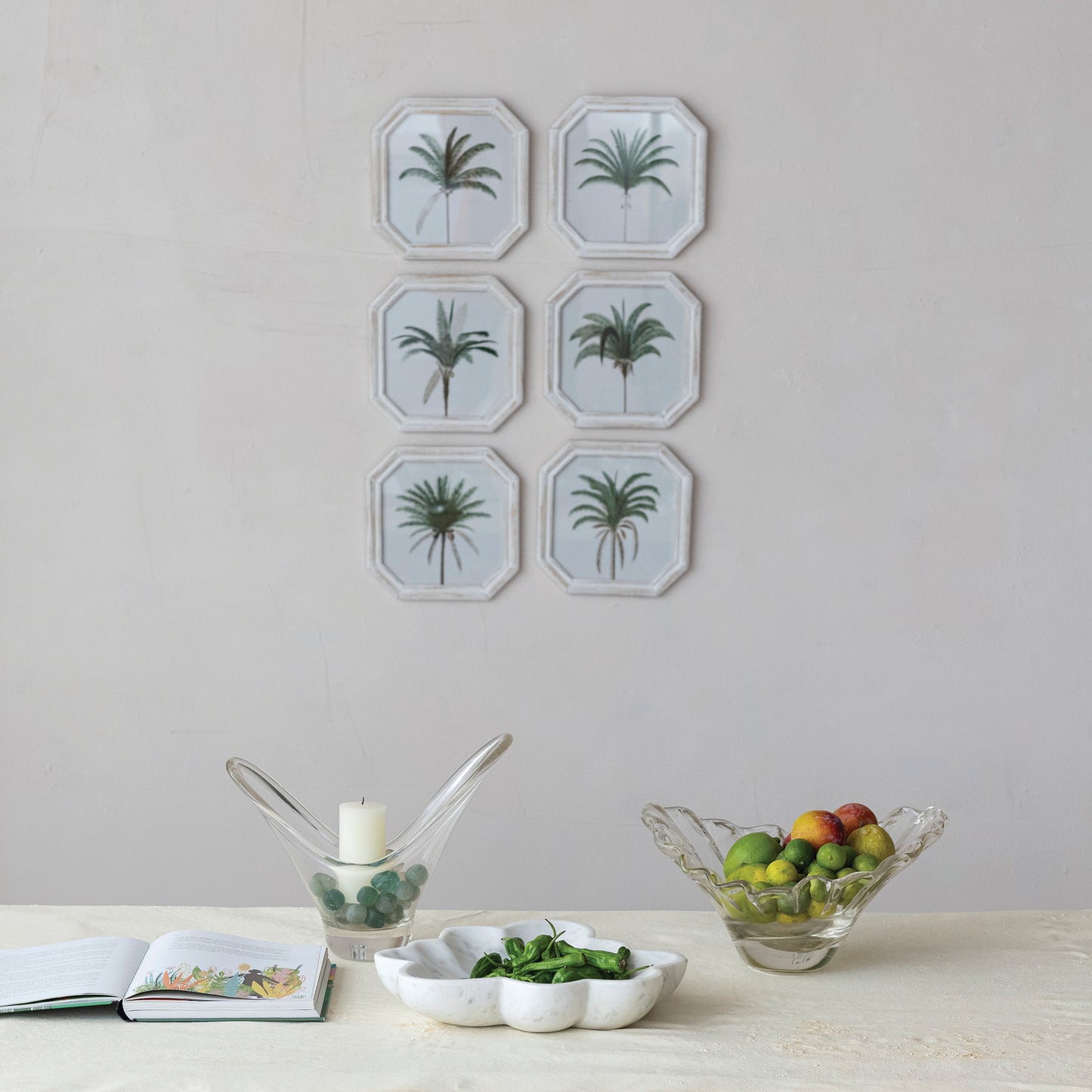 Octagon Shaped Wood Framed Glass Wall Decor with Palm Tree