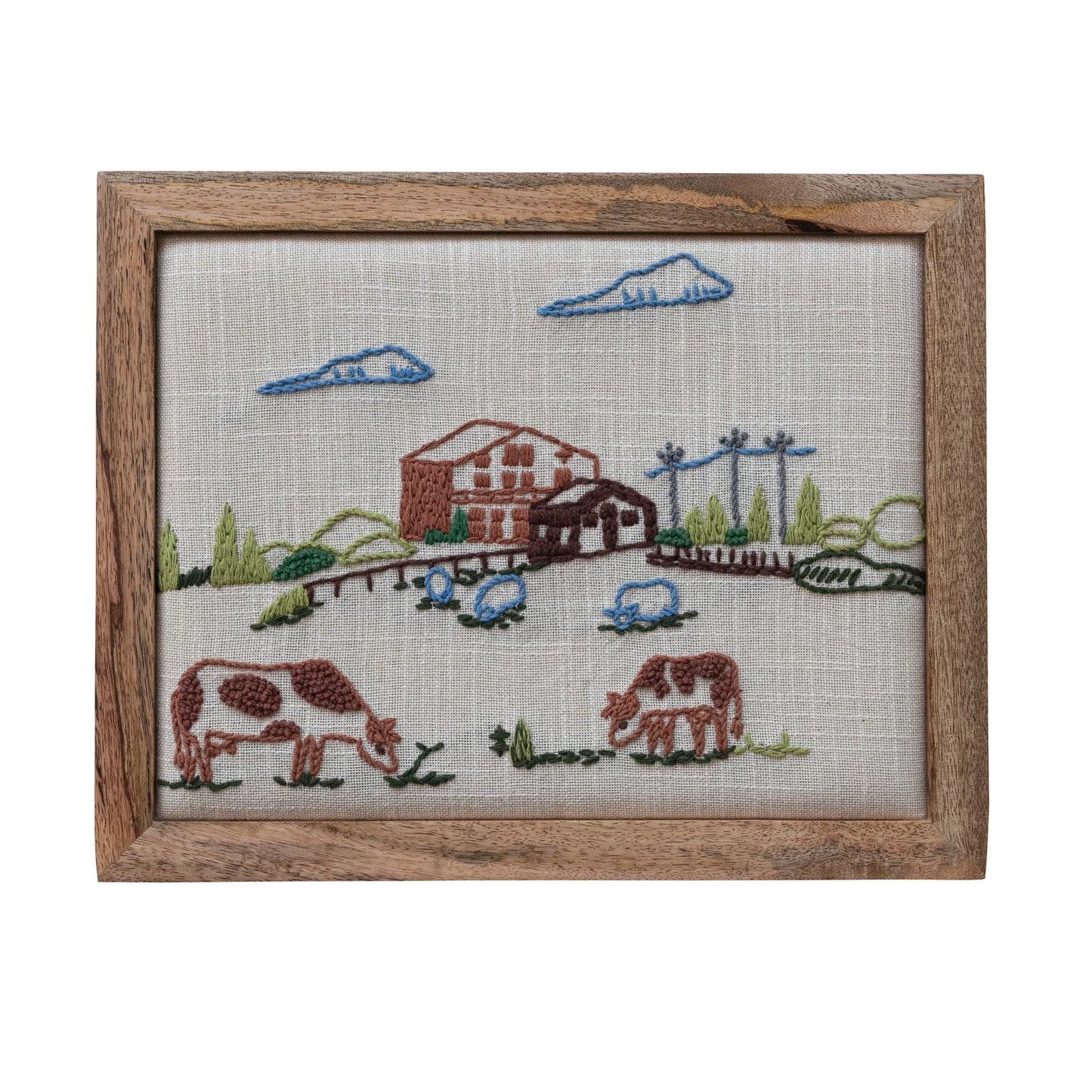 Mango Wood Framed Cotton Embroidered Wall Decor with Farm & Animals