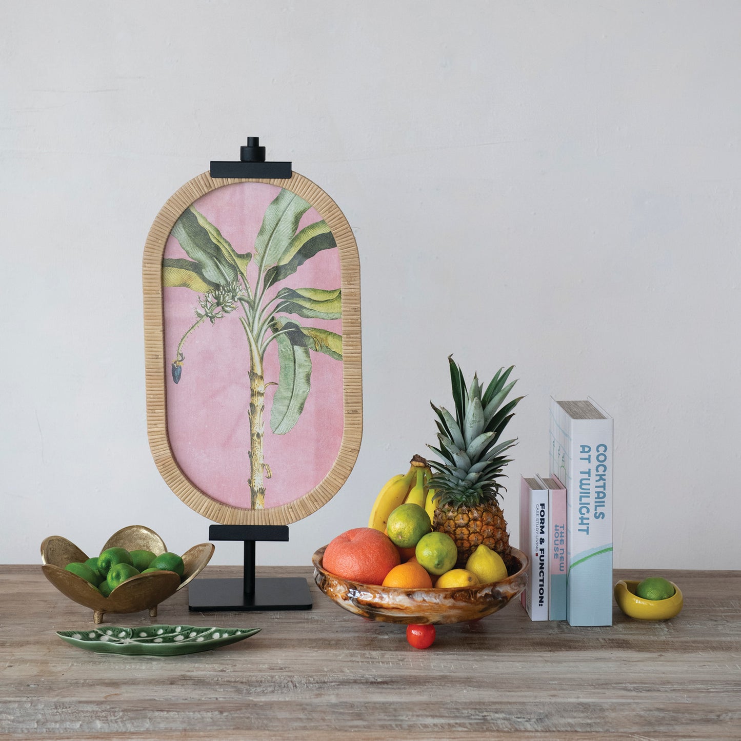 Oval Rattan Wrapped Wood Framed Glass Wall Decor with Palm Tree