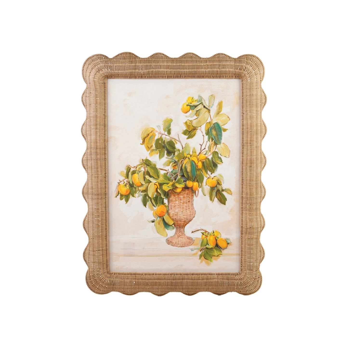 Hand-Woven Rattan Framed Wall Decor with Citrus Branches in Vase