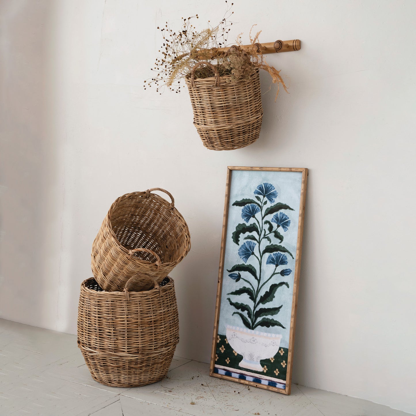 Wood Faux Bamboo Framed Glass Wall Decor in Footed Bowl