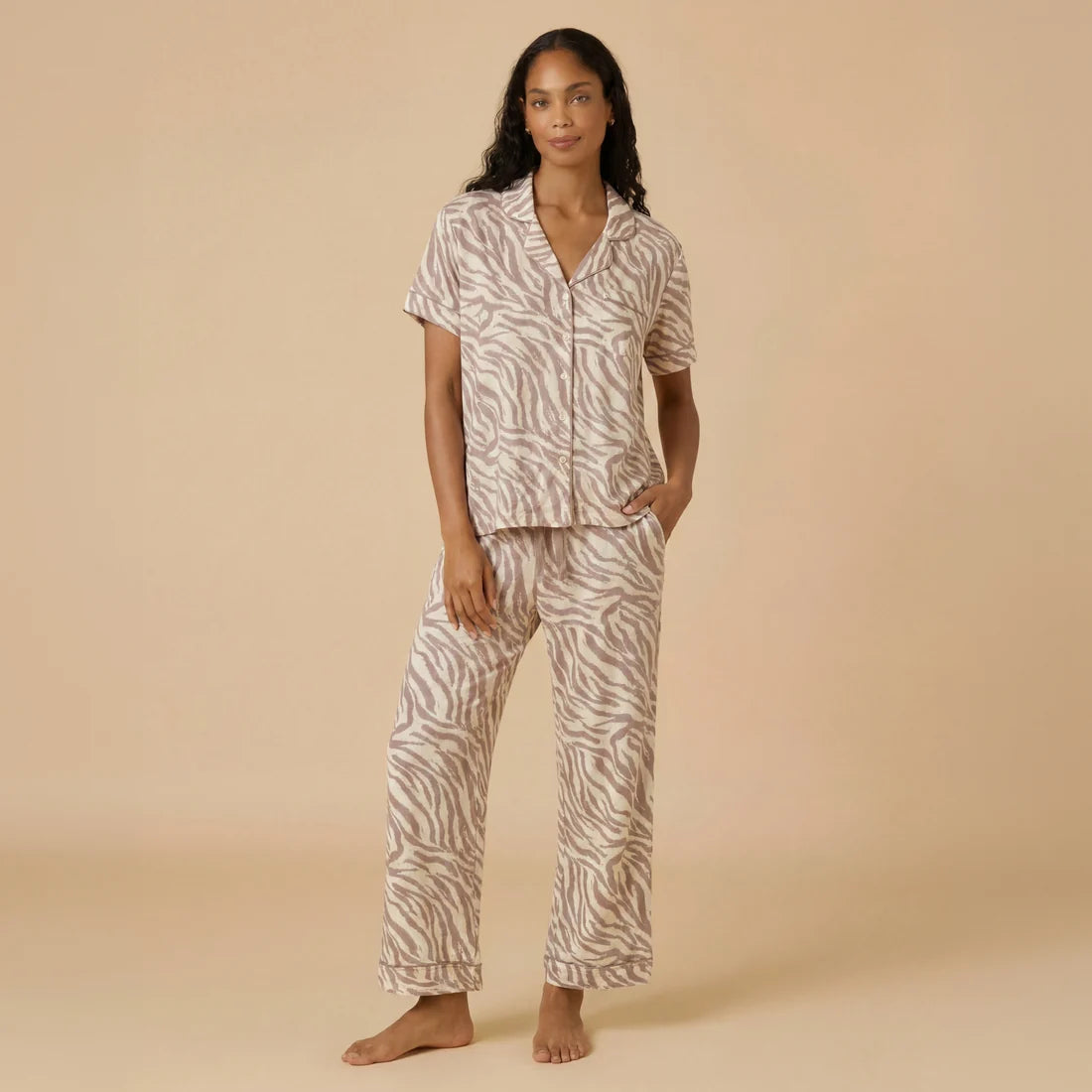 Wildly Soft Slim Notch Collar Capri PJ Set- Zebra Almond