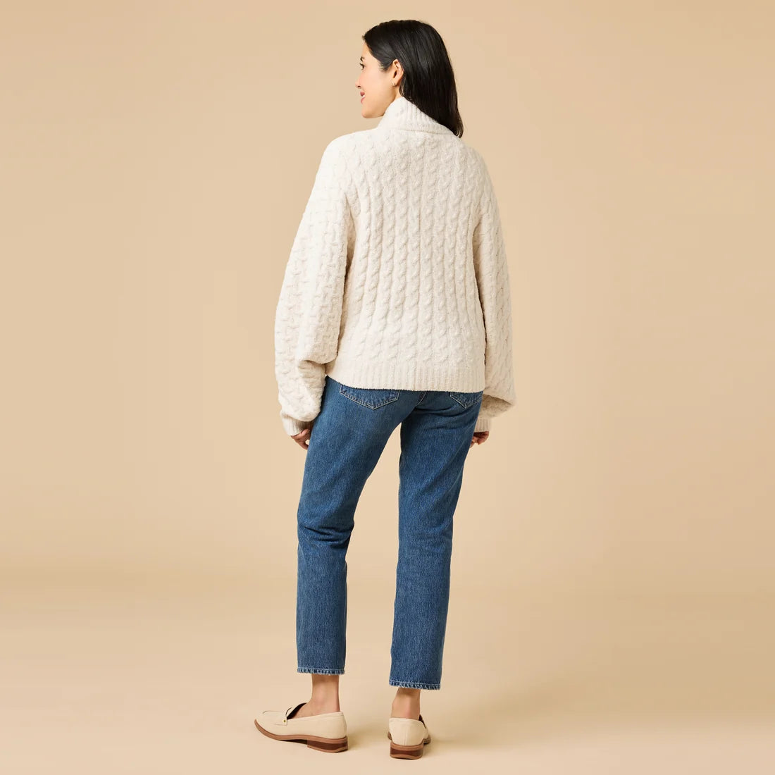 Cable Knit Marshmallow Funnel Neck Double Zip Jacket- Almond