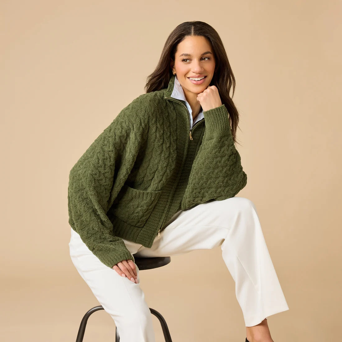 Cable Knit Marshmallow Funnel Neck Double Zip Jacket- Olive