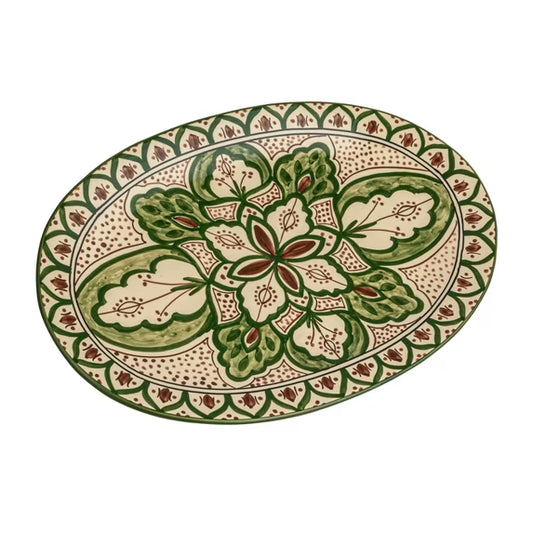 Hand-Painted Stoneware Platter with Design, Cream Color, Brown and Green