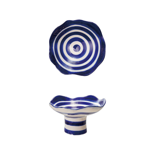 Stoneware Footed Bowl w/Stripes & Ruffled Edge Blue & White