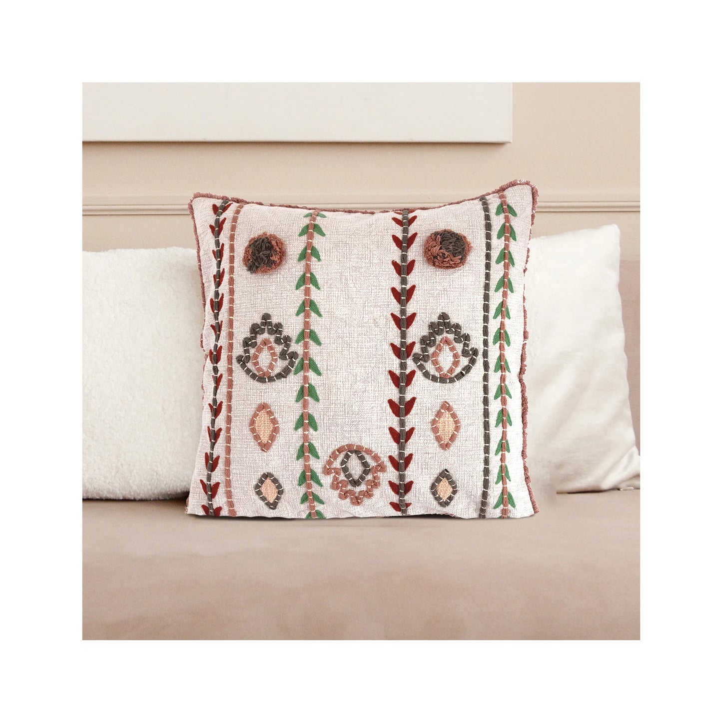 20" Cotton Pillow w/ Embroidery, Chambray Back & Fringe, Polyester Fill