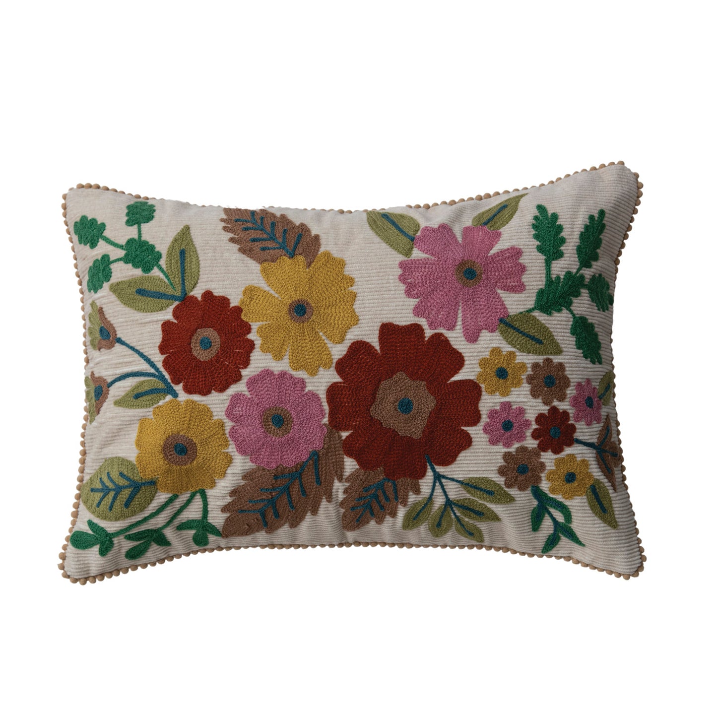 Cotton Corduroy Lumbar Pillow with Embroidered Flowers