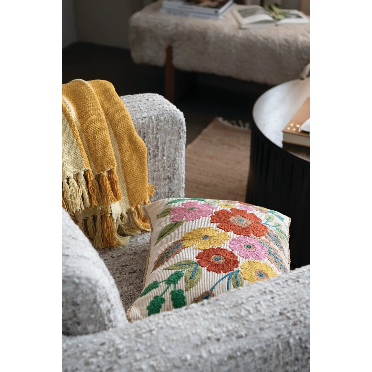 Cotton Corduroy Lumbar Pillow with Embroidered Flowers