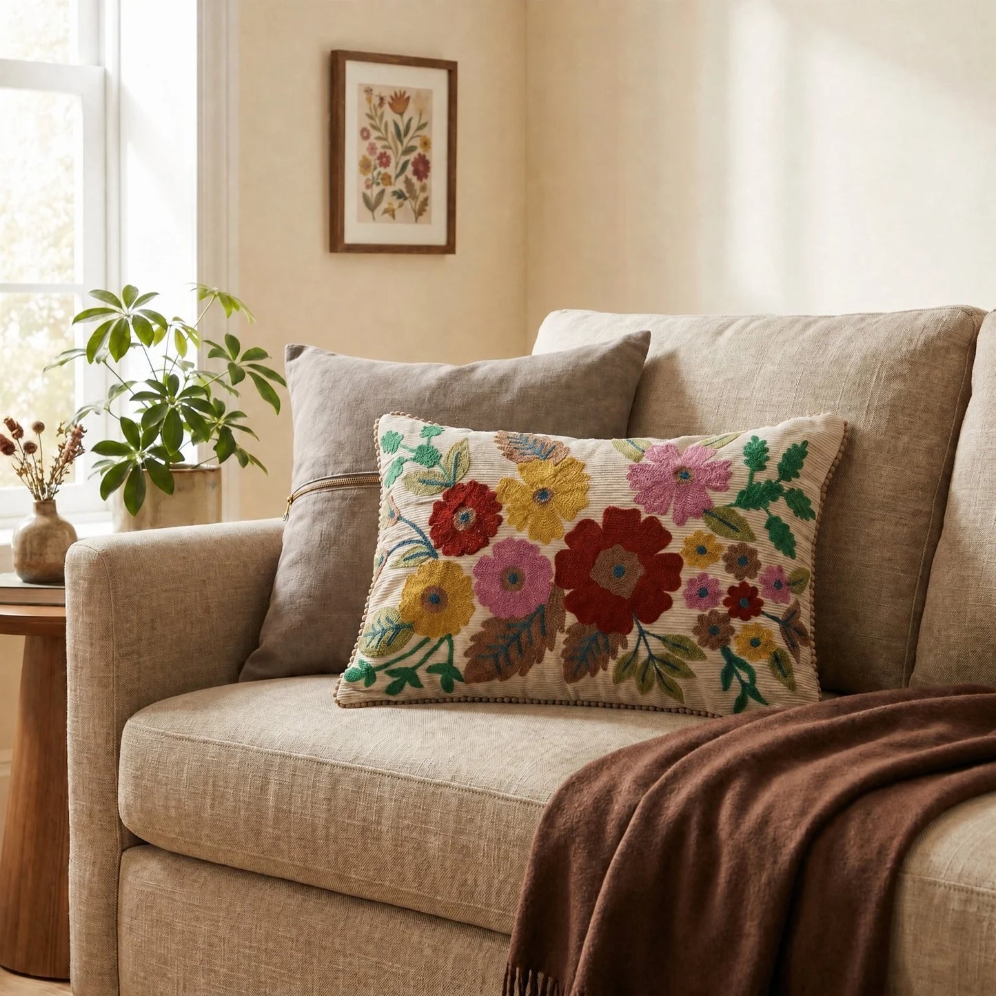 Cotton Corduroy Lumbar Pillow with Embroidered Flowers