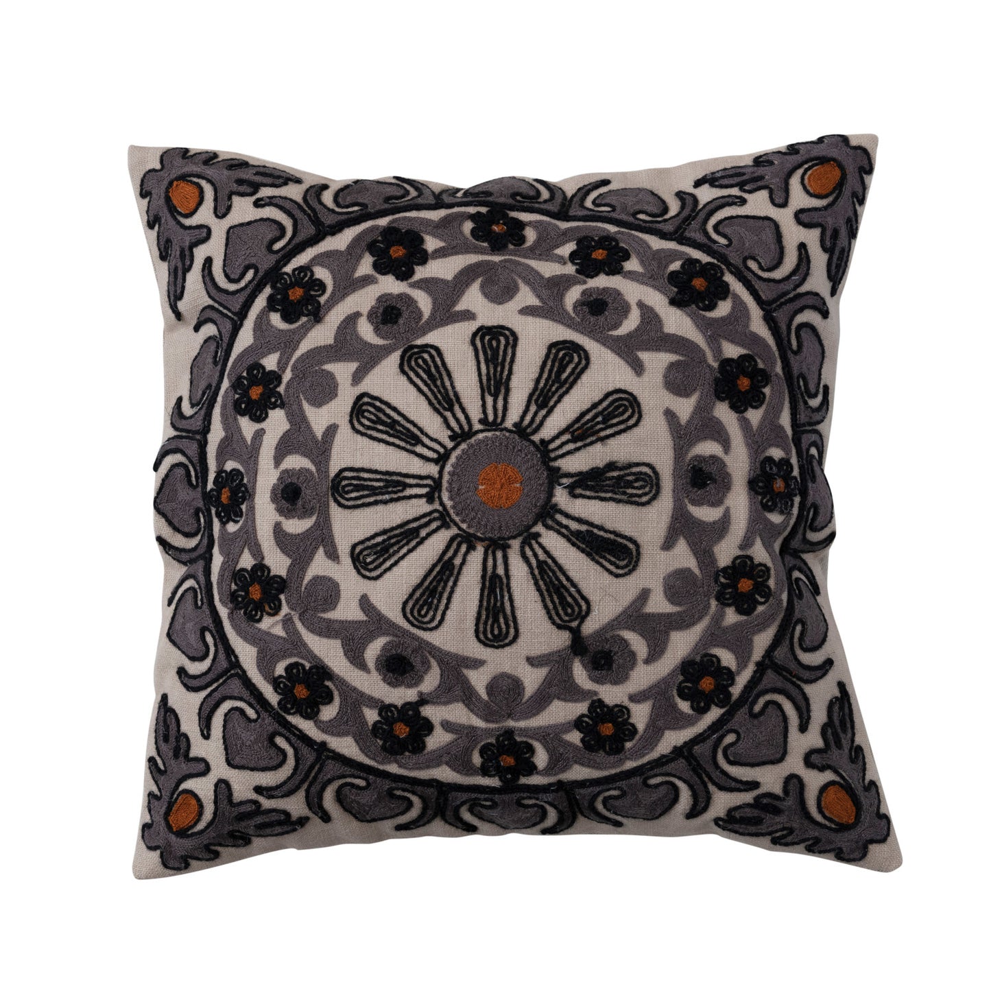 Cotton Slub Pillow w/ Suzani Embroidery & Chambray Back, Polyester Fill