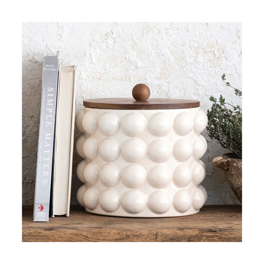 Stoneware Canister w/ Raised Dots & Acacia Wood Lid & Natural - 8-1/4"