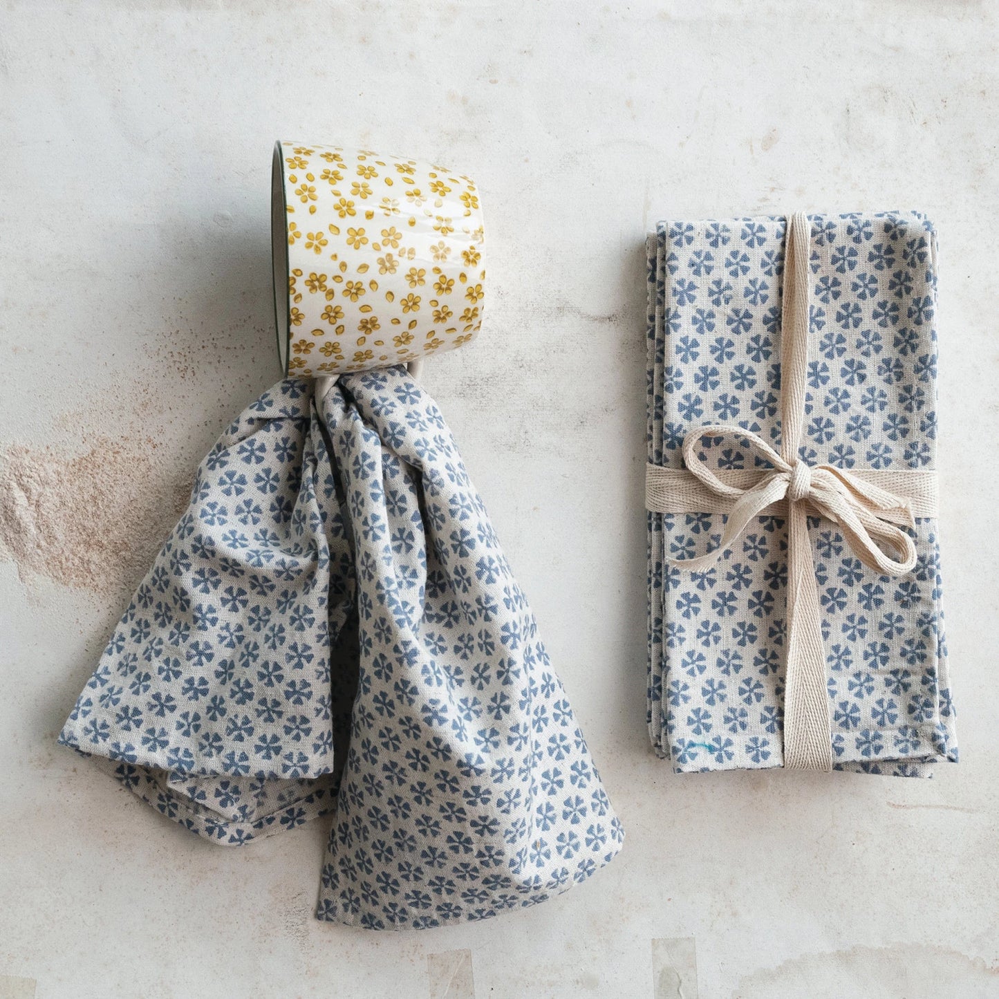 Cotton & Linen Napkins w/ Block Print Pattern, Set of 4- Blue & Beige
