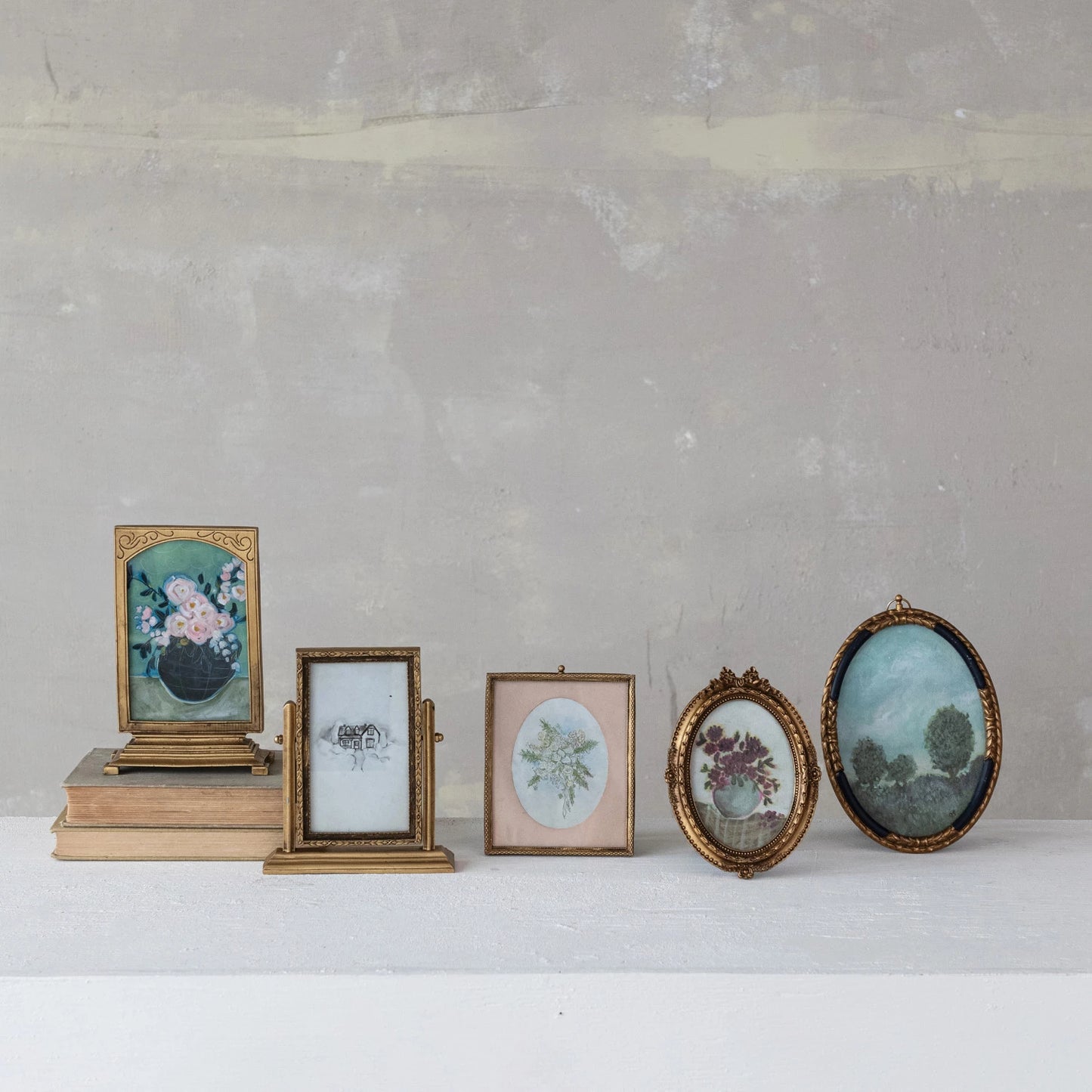 Pewter & Glass Photo Frames with Art, Set of 6