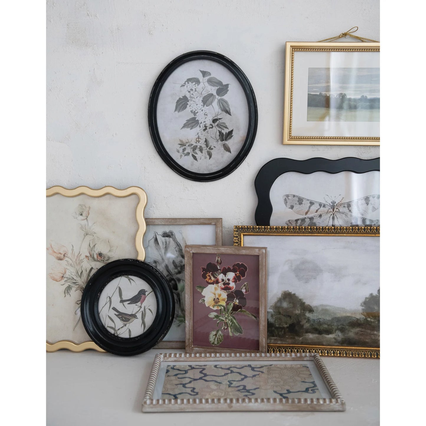 Wood Framed Glass Wall Décor w/ Landscapes, Botanicals & Insect Prints, Set of 9